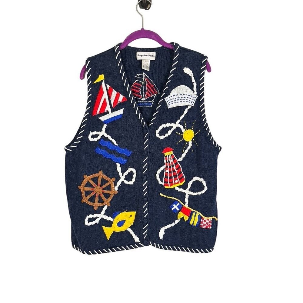 Retro Coastal Knit Sweater Vest Blue 1X Nautical Preppy Colorful